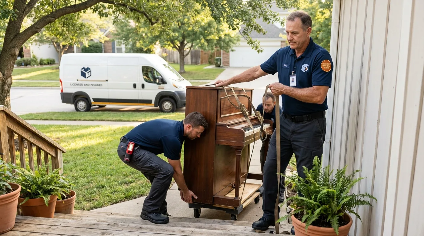 Licensed piano movers securing grand piano in Jackson, NC