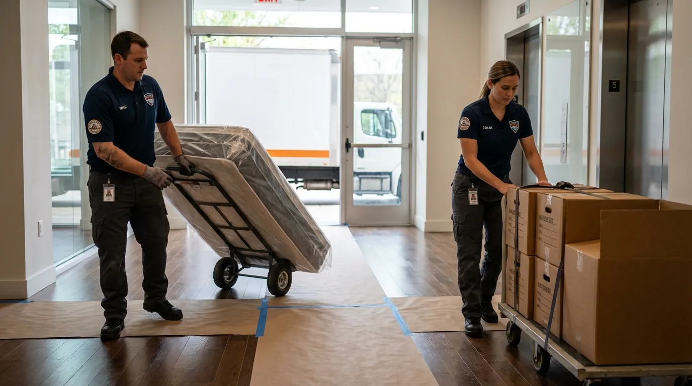 Professional apartment movers loading elevator in Jackson, NC